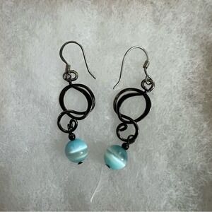 OOAK artisan dangle earrings with turquoise color tigers eye sphere Vintage 2000